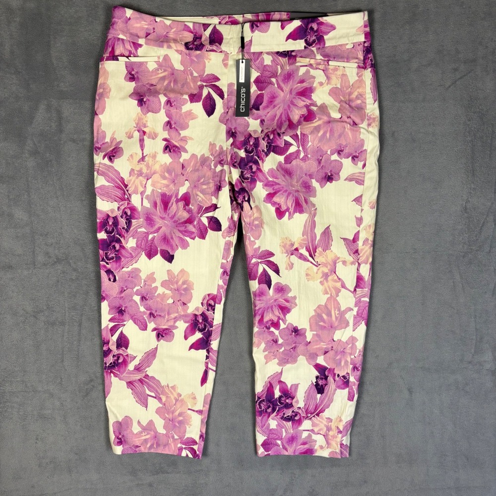 Chico's So Slimming Brigitte Tropic Tones Crop Pants Plum Floral 2.5P 14P NEW